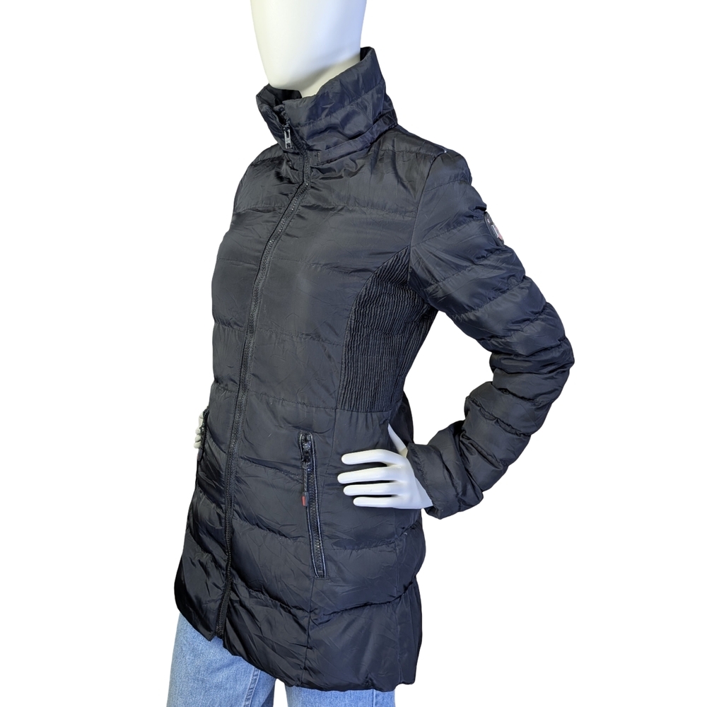 Dynamics Geographical Norway Black Quilted Long Puffer Coat Size 8 - Picture 3 of 7
